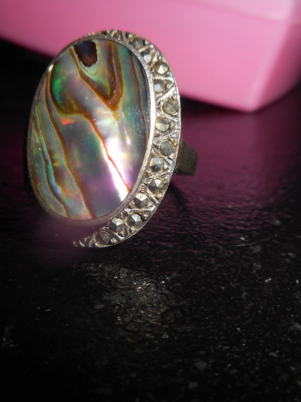 Silver Abalone Shell Oval Ring - Iridescent sz 8 1/2